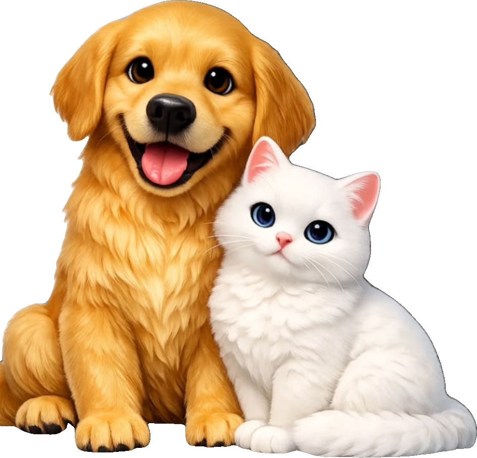 Anjing golden retriever dan kucing putih